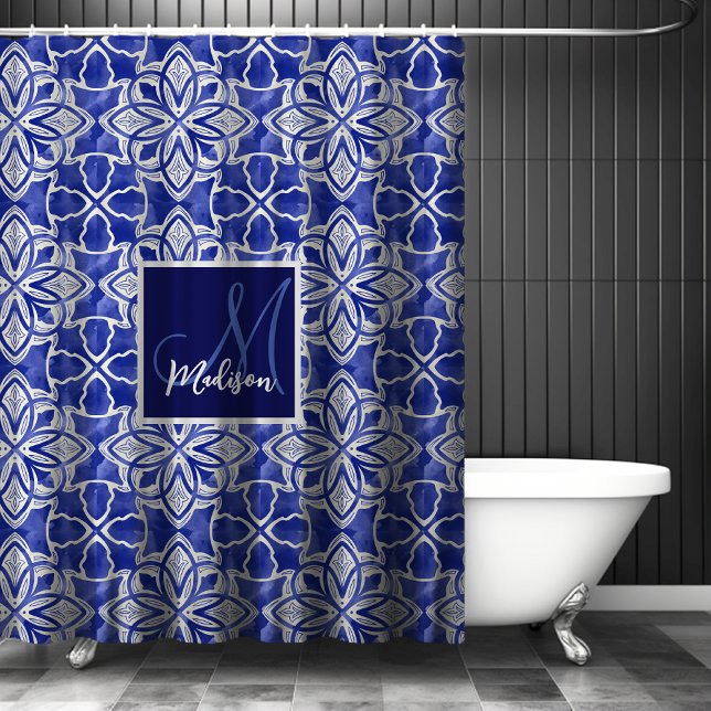 Stylish girly blue grey initial monogrammed  shower curtain (Creator Uploaded)