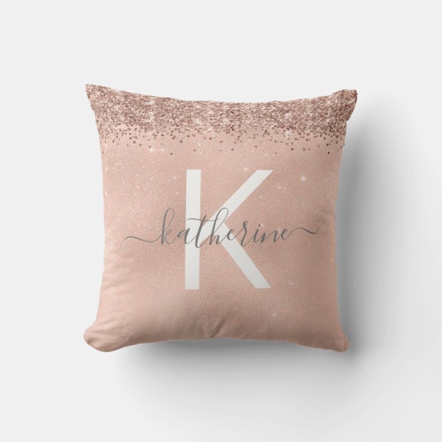 Stylish Girly Chic Rose Gold Glitter Monogram Cushion (Front)