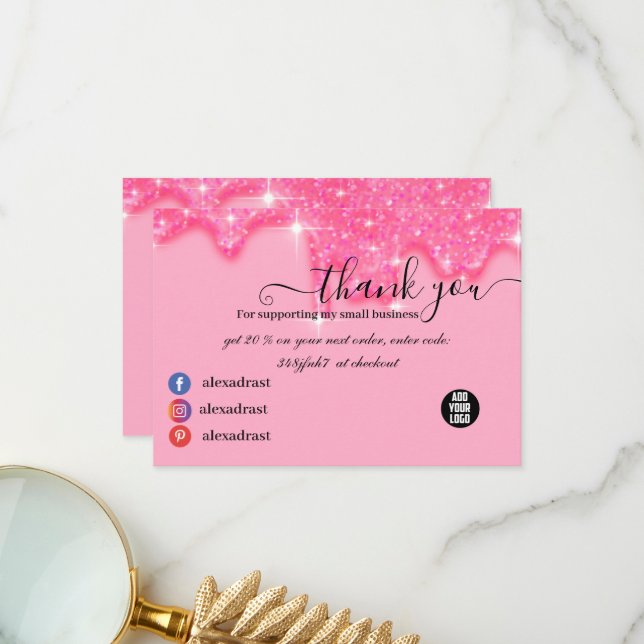 Stylish Girly Dripping Pink Glitter Thank You Card (Front/Back In Situ)