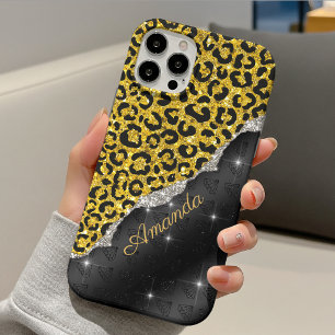 Stylish girly faux glitter animal print Monogram iPhone 13 Case