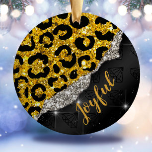 Stylish girly faux glitter animal print Monogram Ceramic Ornament