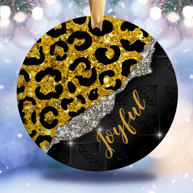 Stylish girly faux glitter animal print Monogram Ceramic Ornament (Creator Uploaded)