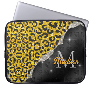 Stylish girly faux glitter leopard print Monogram Laptop Sleeve