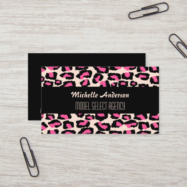 Stylish girly pink cheetah spots business card (Front/Back In Situ)