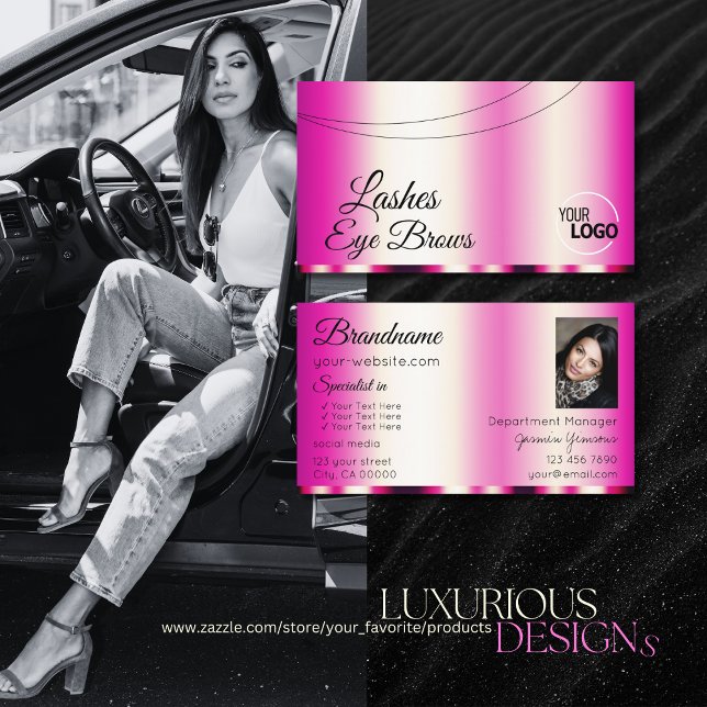 Stylish Girly Pink Glamourous with Logo and Photo Business Card (Creator Uploaded)