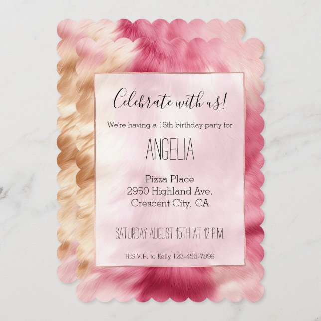 Stylish Girly Pink Gold White Animal Fur  Invitation (Front/Back)
