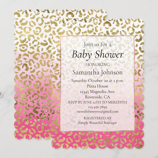 Stylish Girly Pink Gold White Leopard  Invitation (Front/Back)
