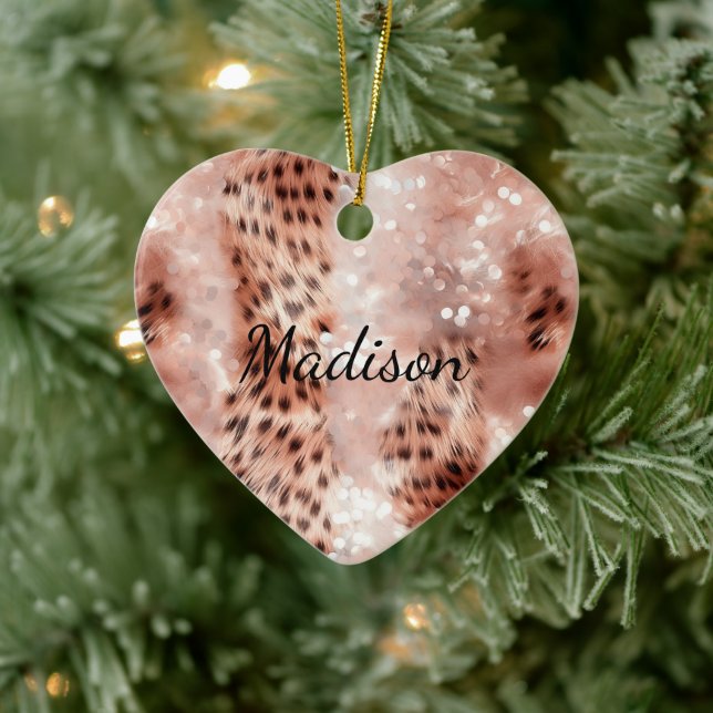 Stylish Girly Pink Rose Gold Leopard Glitz Ceramic Ornament (Tree)