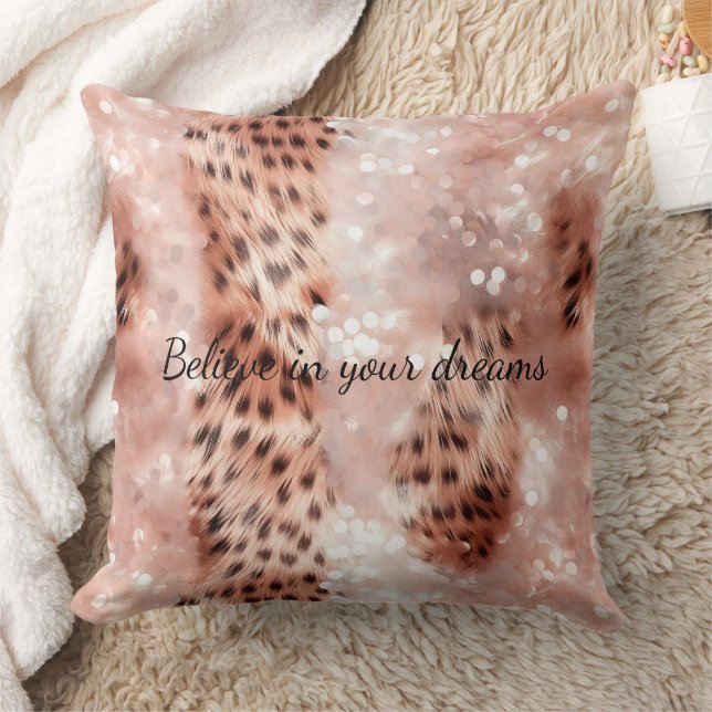 Stylish Girly Pink Rose Gold Leopard Glitz Cushion (Blanket)
