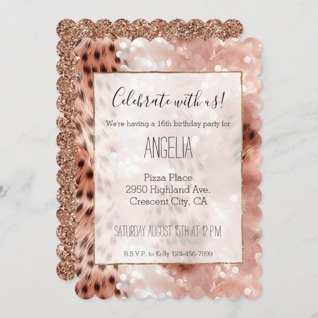 Stylish Girly Pink Rose Gold Leopard Glitz Invitation (Front/Back)
