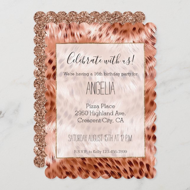 Stylish Girly Pink Rose Gold Leopard Glitz Invitation (Front/Back)