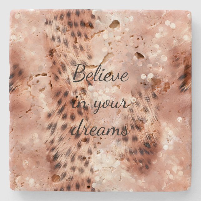 Stylish Girly Pink Rose Gold Leopard Glitz Stone Coaster (Front)