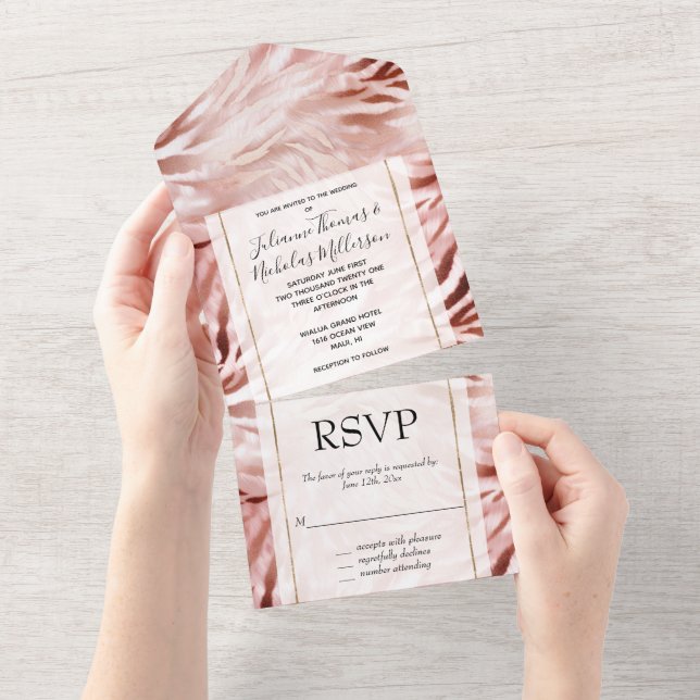 Stylish Girly Pink Rose Gold Zebra Glitz All In One Invitation (Tearaway)