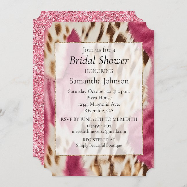 Stylish Girly Pink White Gold Zebra Invitation (Front/Back)