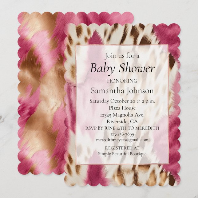 Stylish Girly Pink White Gold Zebra Invitation (Front/Back)