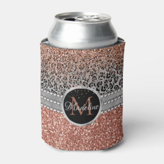 Stylish Girly Rose Gold Glitter Leopard Monogram Can Cooler
