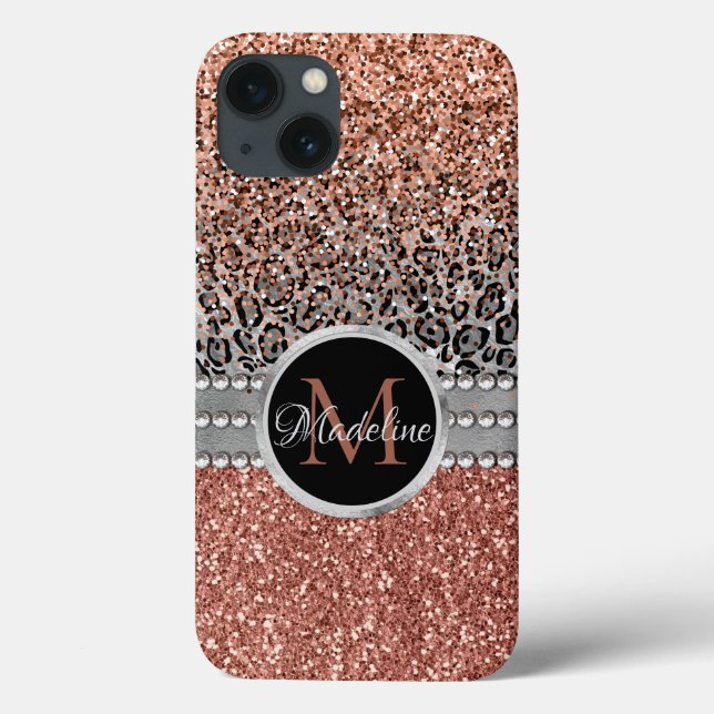 Stylish Girly Rose Gold Glitter Leopard  Monogram Case-Mate iPhone Case (Back)