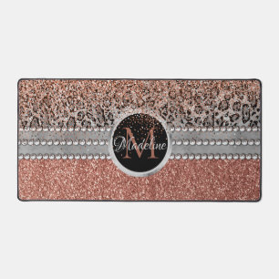 Stylish Girly Rose Gold Glitter Leopard Monogram Desk Mat