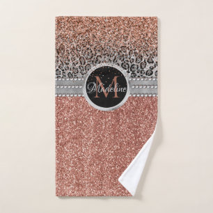 Stylish Girly Rose Gold Glitter Leopard Monogram Hand Towel