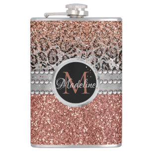 Stylish Girly Rose Gold Glitter Leopard Monogram Hip Flask