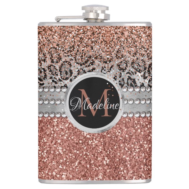 Stylish Girly Rose Gold Glitter Leopard Monogram Hip Flask (Front)