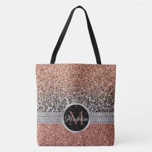 Stylish Girly Rose Gold Glitter Leopard Monogram Tote Bag
