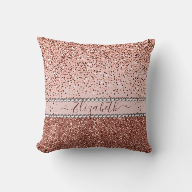 Stylish Girly Rose Gold Glitter Rhinestone  Name Cushion (Front)