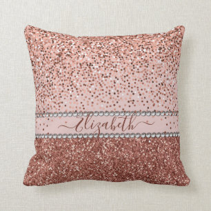 Stylish Girly Rose Gold Glitter Rhinestone  Name Cushion