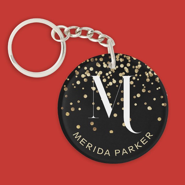 Stylish Glam Black Gold Glitter Initial Monogram  Key Ring (Creator Uploaded)