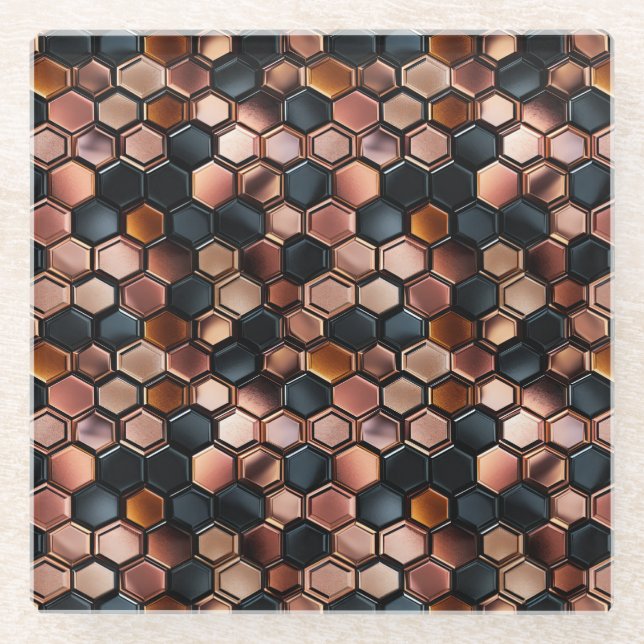 Stylish Glam Black Rose Gold Tiles Glass Coaster (Front)