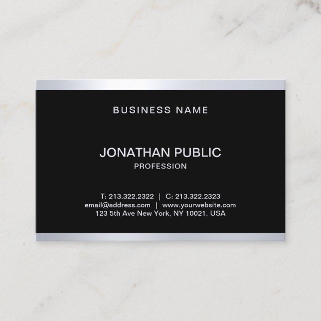 Stylish Glam Black Silver Chic Modern Professional Business Card (Front)