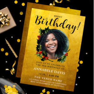 Stylish Glam Gold Christmas Wreath Birthday Photo Invitation