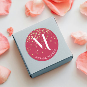 Stylish Glam Red Gold Glitter Initial Monogram Classic Round Sticker
