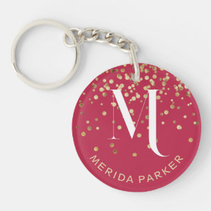 Stylish Glam Red Gold Glitter Initial Monogram Key Ring