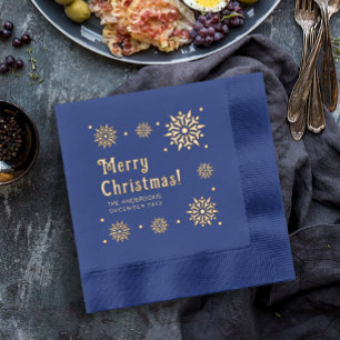Stylish Glam Retro Blue Merry Christmas Snowflake  Foil Napkins