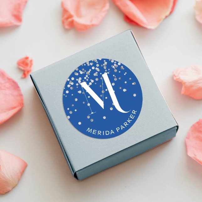 Stylish Glam Silver Glitter Blue  Name Monogram  Classic Round Sticker (Creator Uploaded)