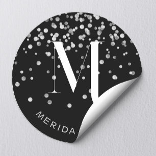 Stylish Glam Silver Glitter Name Black Monogram Classic Round Sticker
