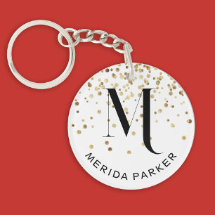 Stylish Glam White Gold Glitter Initial Monogram Key Ring