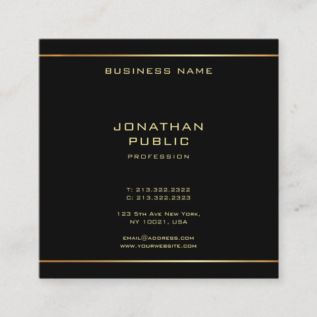 Stylish Glamourous Black And Gold Elegant Template Square Business Card (Front)