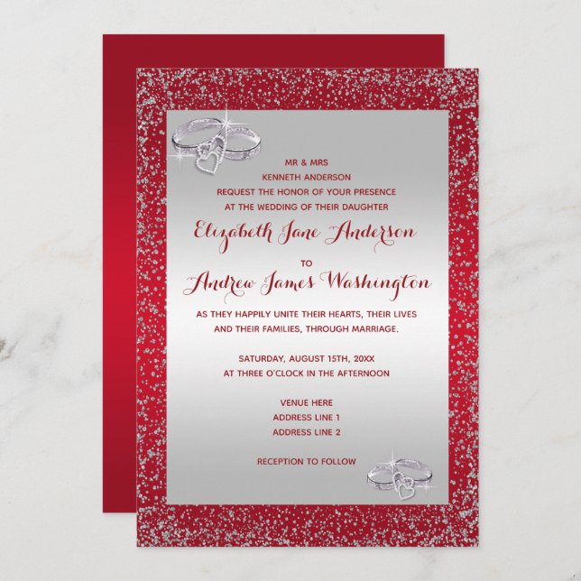 Stylish Glitter & Diamond Wedding Rings Wedding Invitation (Front/Back)