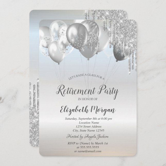Stylish Glitter Drips Balloons Silver Retirement  Invitation (Front/Back)