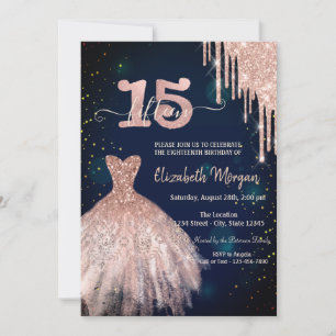 Stylish Glitter Drips Dress Navy Blue 15th  Invitation
