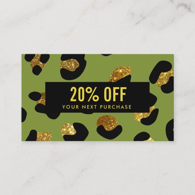 Stylish Glitter Gold Green Leopard Coupon Card (Front)
