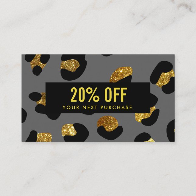 Stylish Glitter Gold Grey Leopard Coupon Card (Front)