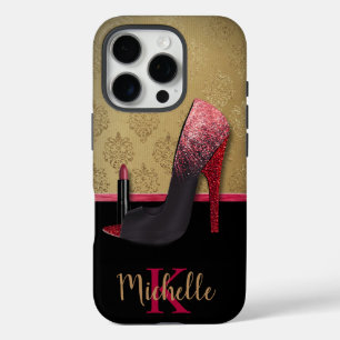 Stylish Glitter Heel, Lipstick, & Monogram iPhone 16 Pro Case
