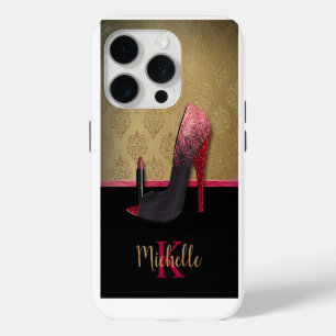 Stylish Glitter Heel, Lipstick, & Monogram iPhone 15 Pro Case
