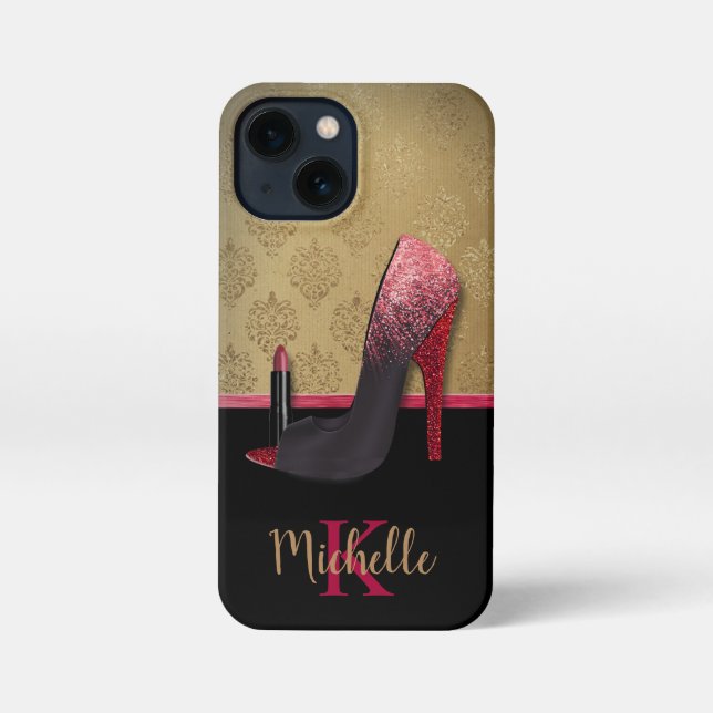 Stylish Glitter Heel, Lipstick, & Monogram iPhone Case (Back)