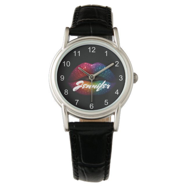 stylish glitter lips personalised stylish black watch (Front)
