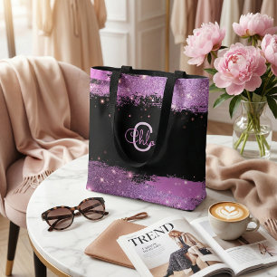 Stylish Glittery Magenta And Black Name & Inital Tote Bag