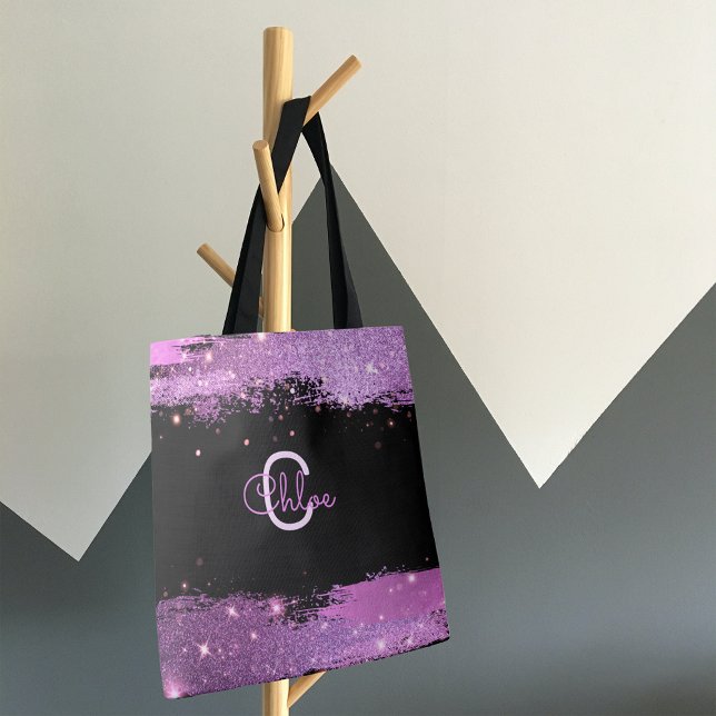 Stylish Glittery Magenta And Black Name & Inital  Tote Bag (Creator Uploaded)